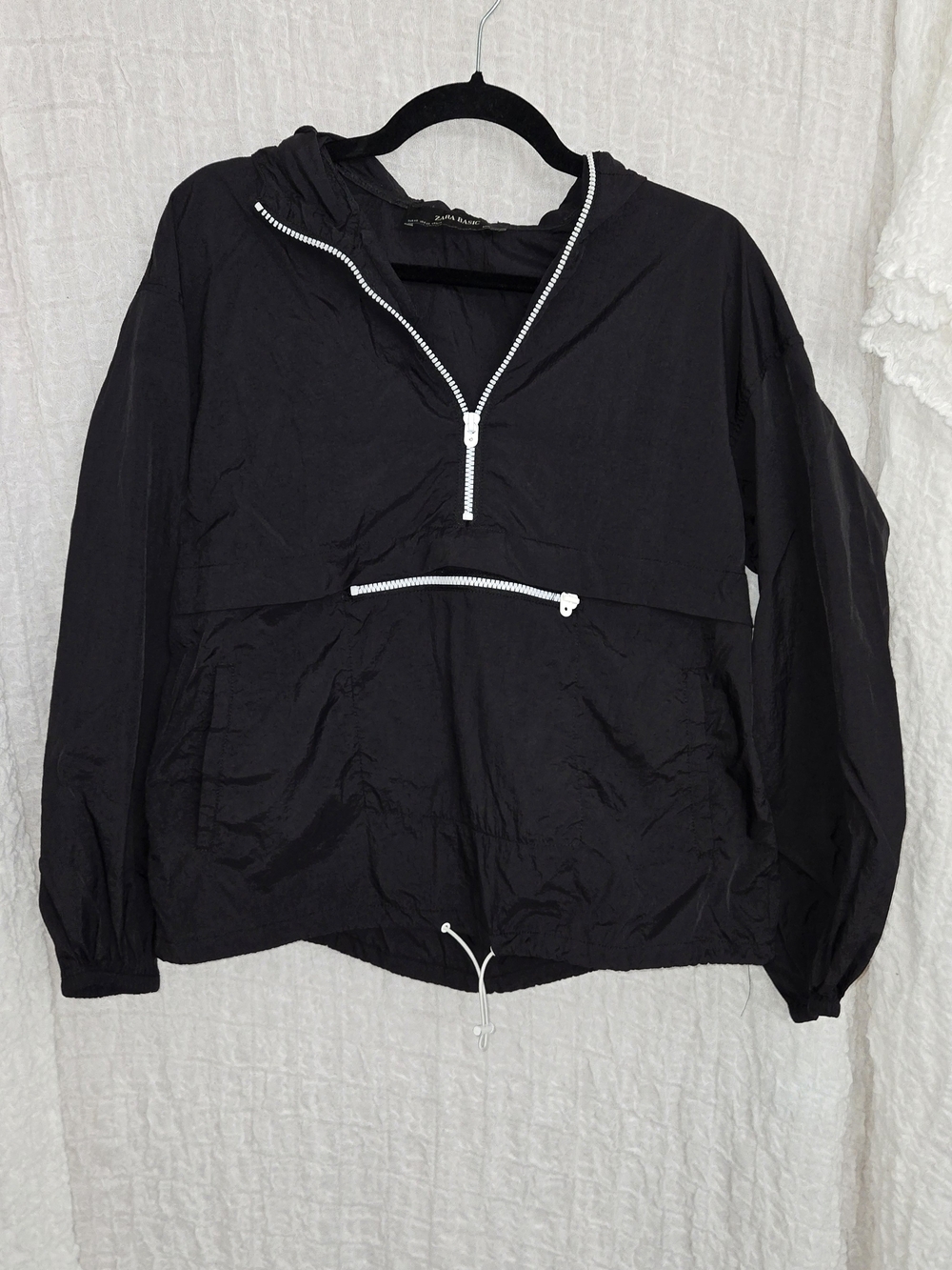 Zara Black Hooded Anorak Jacket with Contrast‎ Zippers Size Xs